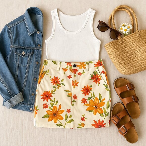 Eddie Bauer Floral Stretch Twill Mini Skirt 8P Petite Cream/Orange NWOT Pockets - Picture 2 of 11